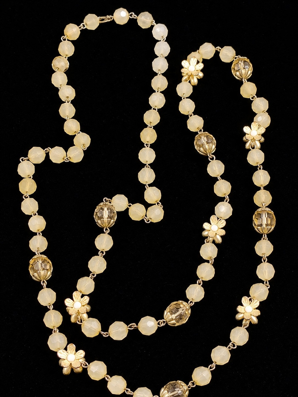 Vintage 1970s Lucite Beaded Necklace Long Cream Faceted Beads Floral Stations